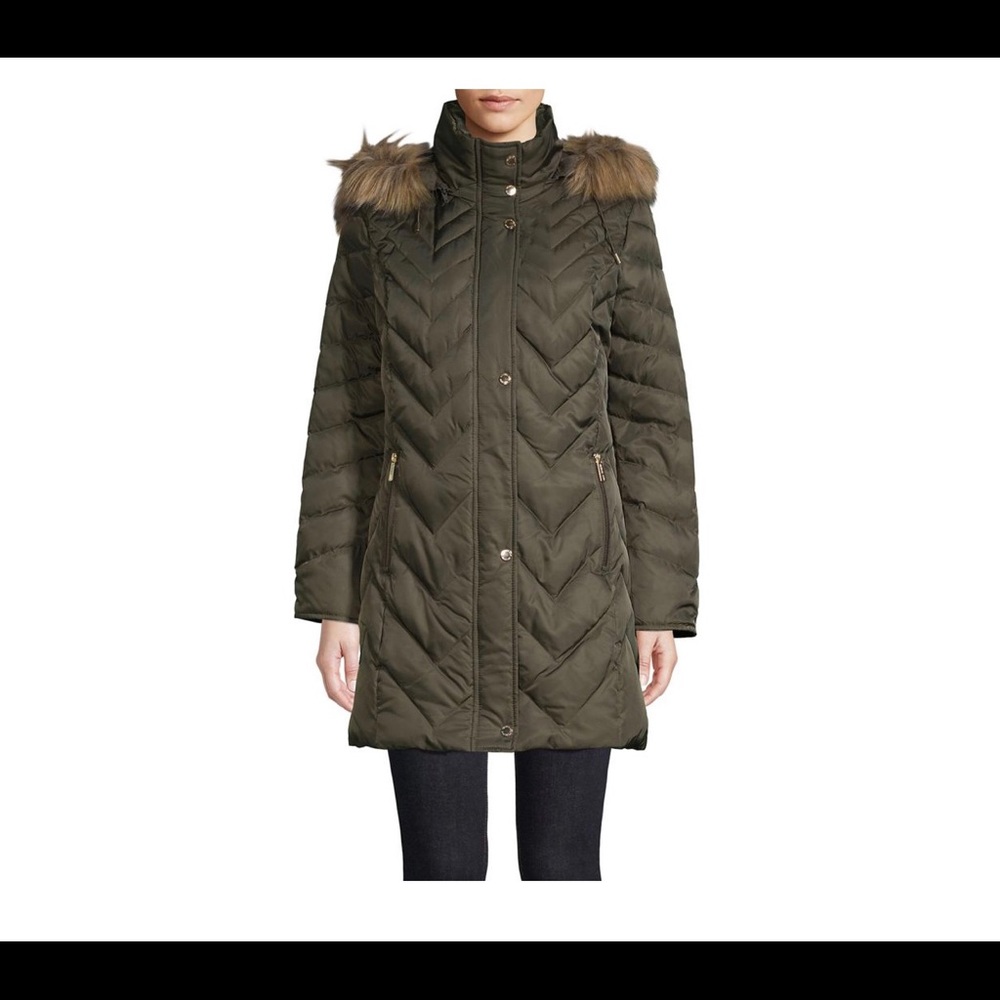 Kenneth Cole Hooded Faux-Fur-Trim Down Puffer Coat